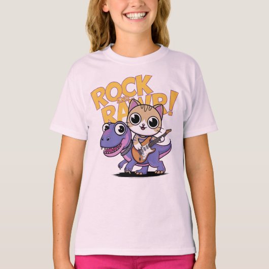 "ROCK AND RAWR!" Cat on Dinosaur with Guitar T-Shirt (Vorderseite)