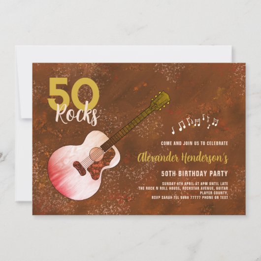 Rock and Roll 50th Birthday Gitarre Rustic Brown Einladung (Vorderseite)