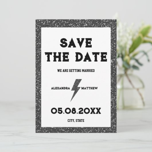 Rock and Roll Black Glitzer Retro Save The Date (Stehend Vorderseite)