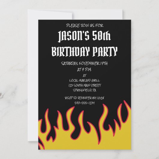 Rock and Roll Flames Geburtstagsparty Einladung (Vorderseite)