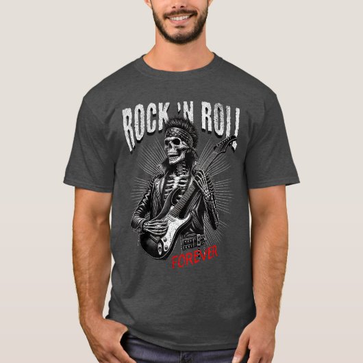Rock and Roll Forever Skeleton Playing Guitar Punk T-Shirt (Vorderseite)