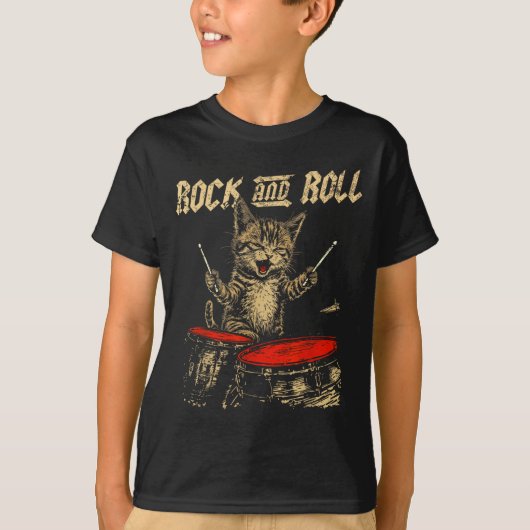 Rock And Roll Funny Cat Playing Drum For Men Women T-Shirt (Vorderseite)