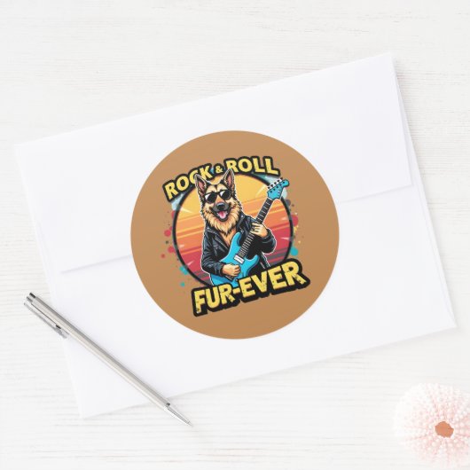 Rock and Roll German Shepherd Retro Sunset Art Runder Aufkleber (Umschlag)