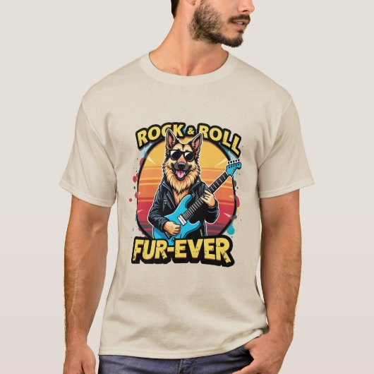 Rock and Roll German Shepherd Retro Sunset Art T-Shirt (Vorderseite)