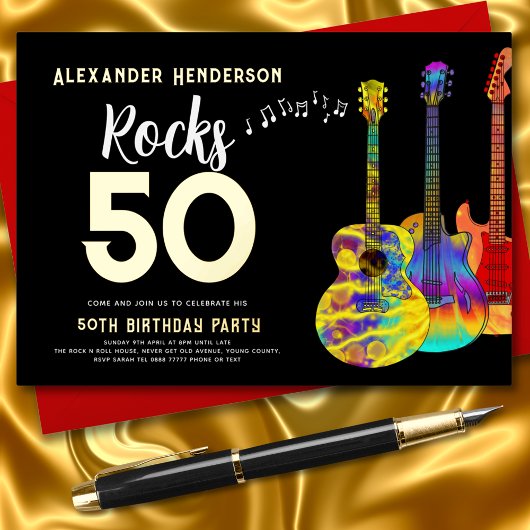 Rock and Roll Guitar 50. Geburtstag Gold Folieneinladung