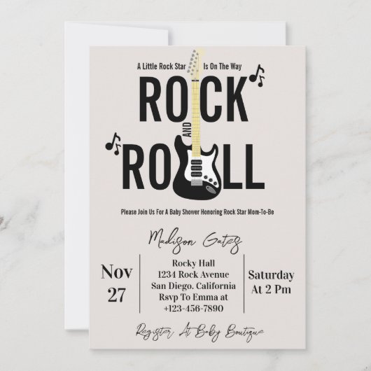 Rock and Roll Guitar Baby Dusche Einladung (Vorderseite)