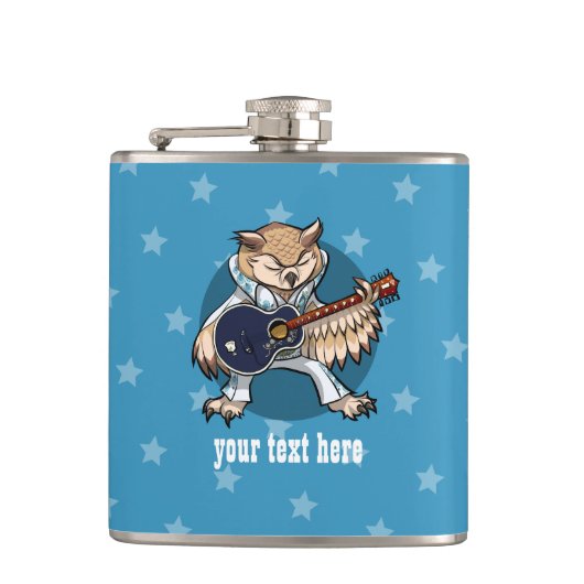 Rock and Roll Guitar Owl in Jumpsuit Cartoon Flachmann (Vorderseite)