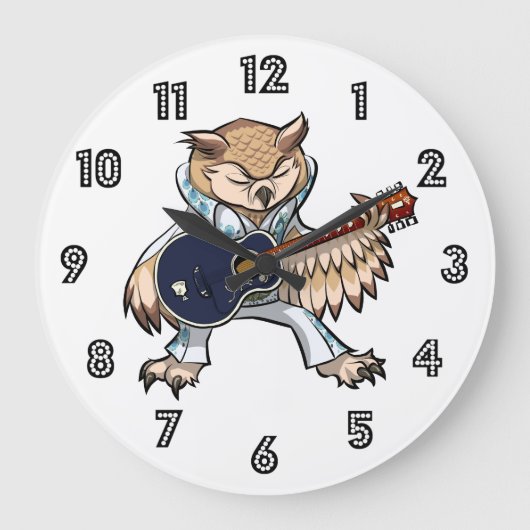 Rock and Roll Guitar Owl in Jumpsuit Cartoon Große Wanduhr (Vorderseite)