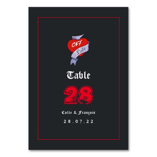 Rock and Roll Hochzeitsmonogramm Tischnummer (Vorderseite)