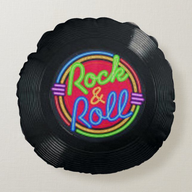 Rock and Roll Vintag Vinyl Rundes Kissen (Vorderseite)