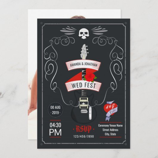 Rock and Roll Wedding Chalkboard Foto Einladung (Vorne/Hinten)