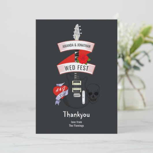 Rock and Roll Wedding Dankeskarte (Stehend Vorderseite)