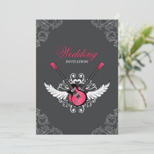 Rock and Roll Wedding Fuchsia Gray Einladung (Stehend Vorderseite)