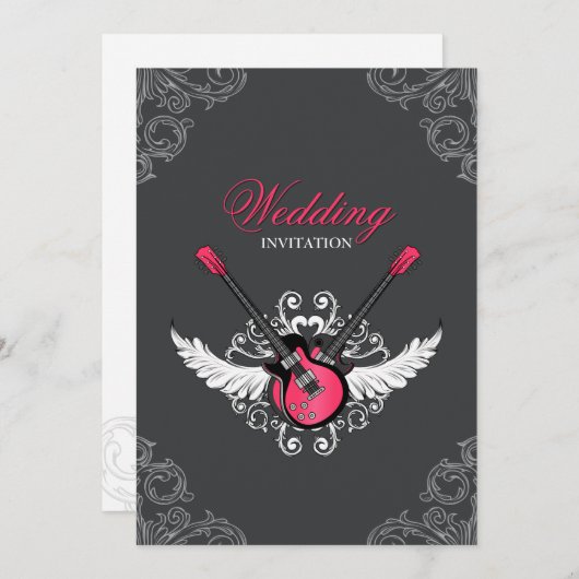 Rock and Roll Wedding Fuchsia Gray Einladung (Vorne/Hinten)