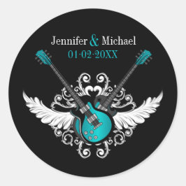 Rock and Roll Wedding Guitars Aquamarin Black Aufk Runder Aufkleber