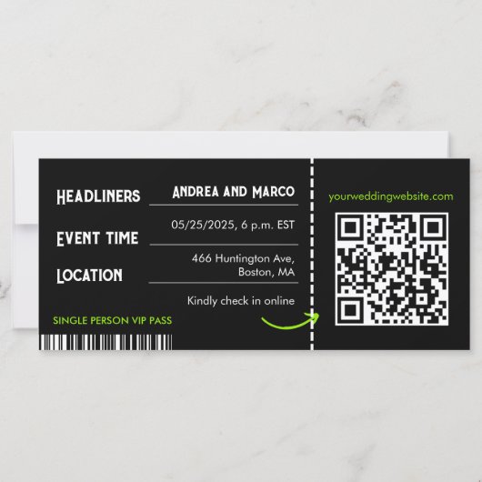 Rock and Roll Wedding Ticket Konzert Boarding Pass (Rückseite)