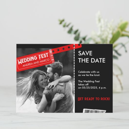 Rock and Roll Wedding Ticket Konzert Save the Date (Stehend Vorderseite)