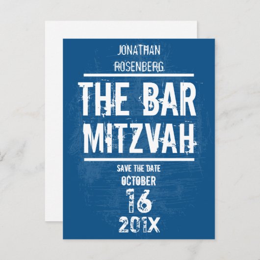 Rock Band Bar Mitzvah Save the Date alle Art, blau Ankündigungspostkarte (Vorne/Hinten)