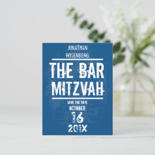 Rock Band Bar Mitzvah Save the Date alle Art, blau Ankündigungspostkarte (Stehend Vorderseite)