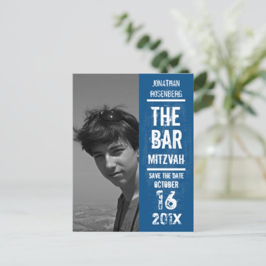 Rock Band Bar Mitzvah Save the Date in Blue Ankündigungspostkarte (Stehend Vorderseite)
