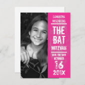 Rock Band Bat Mitzvah Save the Date in Rosa Ankündigungspostkarte (Vorne/Hinten)