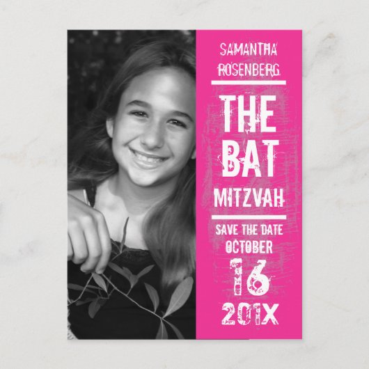 Rock Band Bat Mitzvah Save the Date in Rosa Ankündigungspostkarte (Vorderseite)