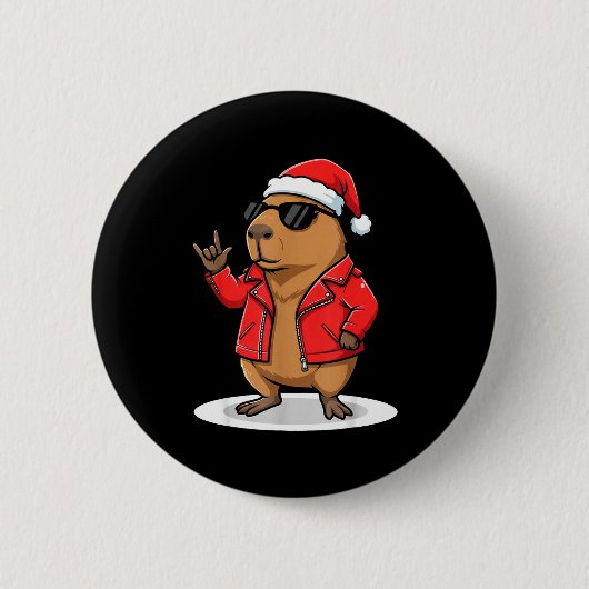 Rock Capybara Xmas Santa Men Women Kids Funny Ugly Button (Vorderseite)