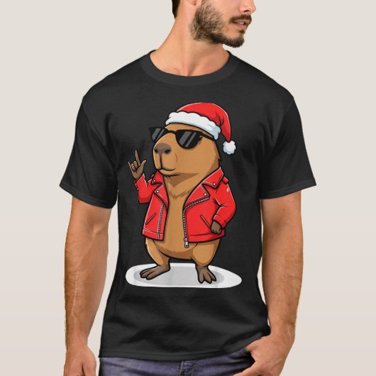 Rock Capybara Xmas Santa Men Women Kids Funny Ugly T-Shirt (Vorderseite)