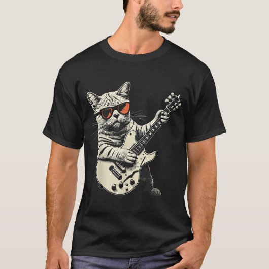 Rock Cat Playing Guitar - Funny Guitarist Cat T-Shirt (Vorderseite)