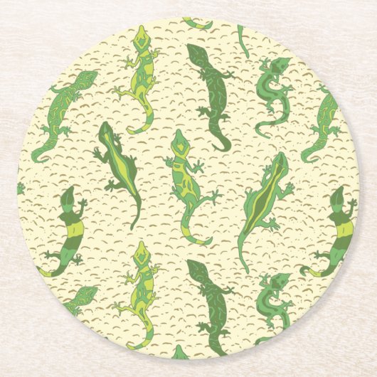 Rock Climbing Geckos auf gelb - nahtlos Muster. Runder Pappuntersetzer (Vorderseite)