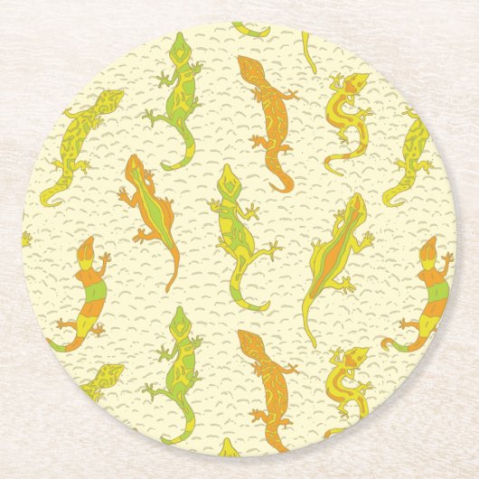Rock Climbing Geckos auf gelb - nahtlos Muster. Runder Pappuntersetzer (Vorderseite)