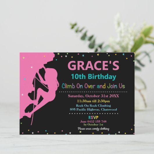 Rock Climday Party Girl Rosa Regenbogen Einladung (Stehend Vorderseite)