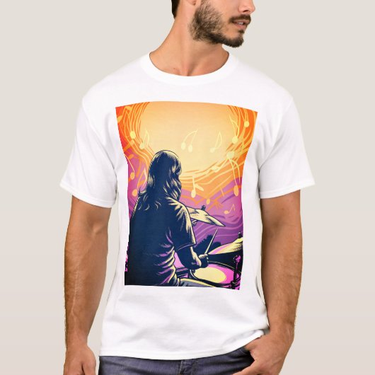 Rock Drummer mit Musiknoten T-Shirt (Vorderseite)