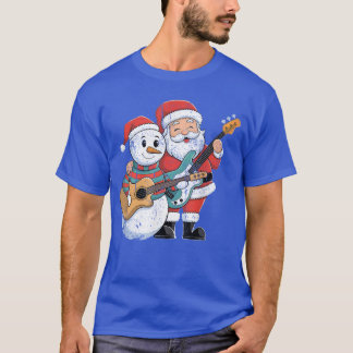 Rock-Gitarre-Schneemann und Weihnachtsmann spielen T-Shirt