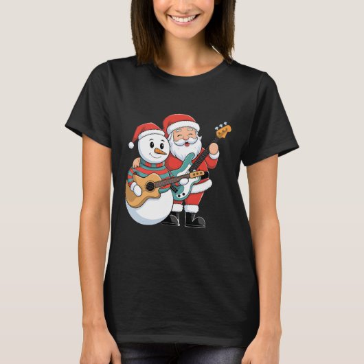Rock Guitar Snowman und Santa Claus Gitarre spiele T-Shirt (Vorderseite)