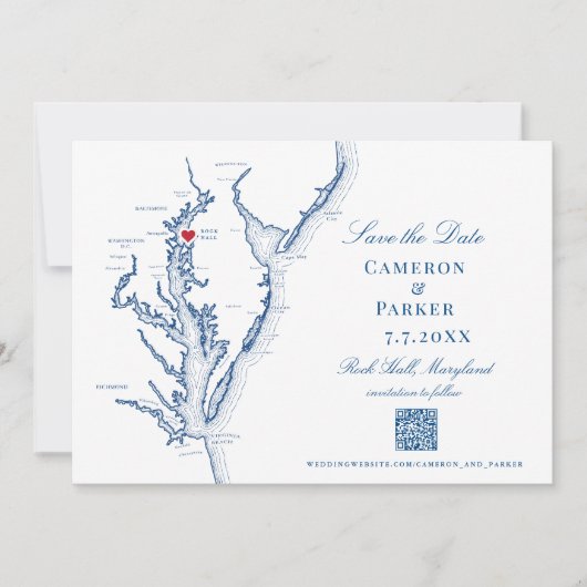 Rock Hall Maryland Wedding Elegant Navy QR Code Save The Date (Vorderseite)