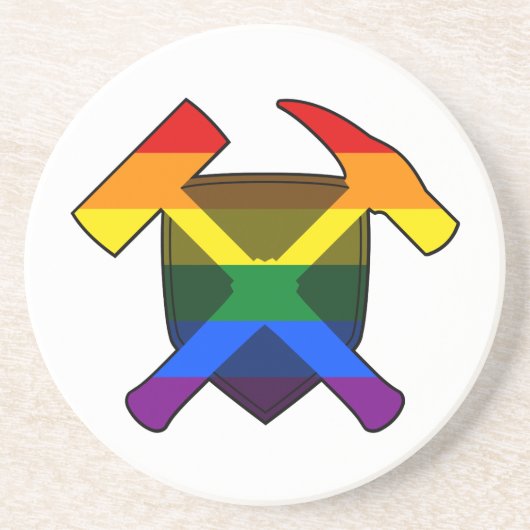 Rock-Hammer-Logo des Geologen mit LGBT-Regenbogen Getränkeuntersetzer (Vorne)