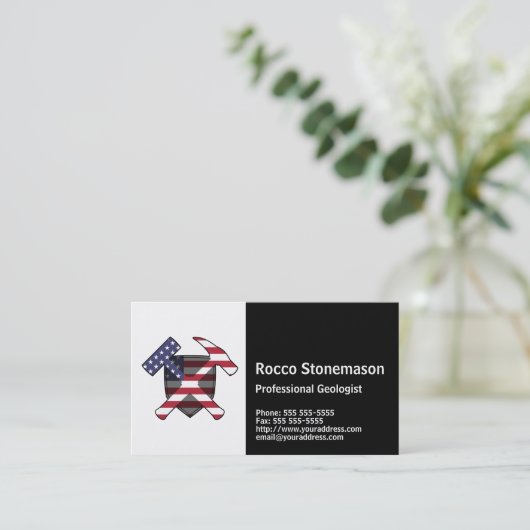 Rock-Hammer-Logo des Geologen mit US-Flagge Visitenkarte (Stehend Vorderseite)
