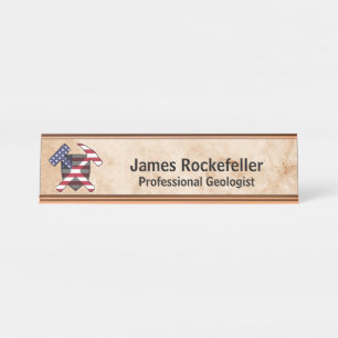Rock-Hammer-Logo des Geologen (USA) auf der Marmor Schreibtischnamensplakette
