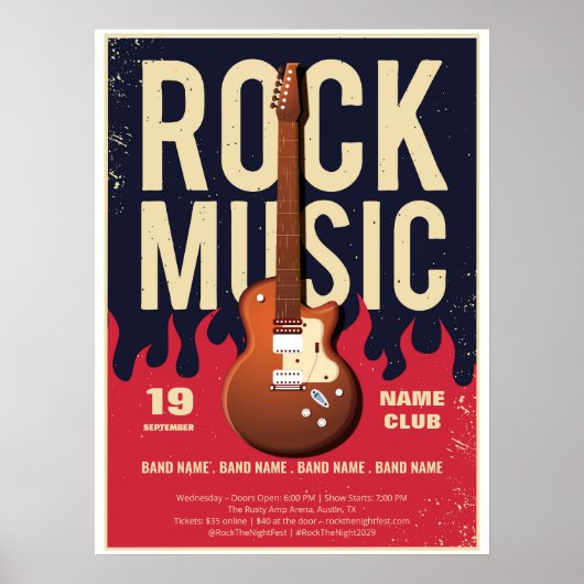 Rock Music Festival Poster - Gitarre und Flammen D (Vorne)