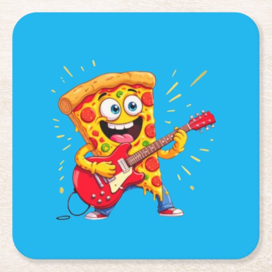 **Rock ’n’ Roll Pizza – Funny Guitar-Playing Slice Rechteckiger Pappuntersetzer (Vorderseite)