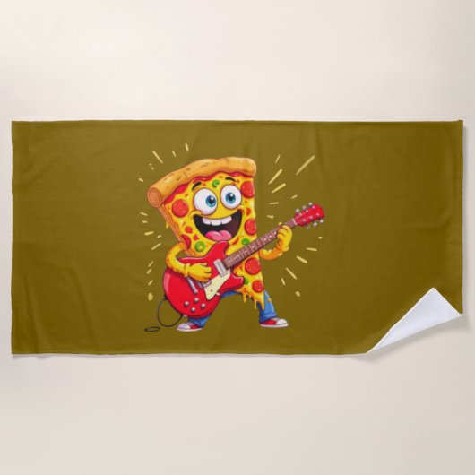 **Rock ’n’ Roll Pizza – Funny Guitar-Playing Slice Strandtuch (Vorderseite)
