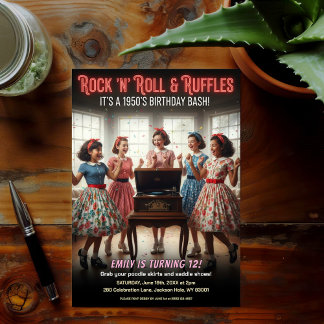 Rock 'n' Roll Rüschen 1950er Geburtstagsfeier Einladung