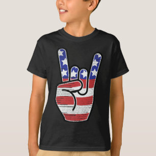 Rock N Roll-Shirt USA-Flagge Hörner Zeichen Retro  T-Shirt