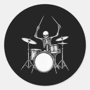 Rock N Roll-Trommler-Skelett spielt Schlagzeug Runder Aufkleber