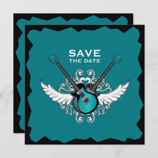 Rock 'n' Roll Wedding Save the Date Black Aquamari Einladung (Vorne/Hinten)