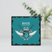 Rock 'n' Roll Wedding Save the Date Black Aquamari Einladung (Stehend Vorderseite)