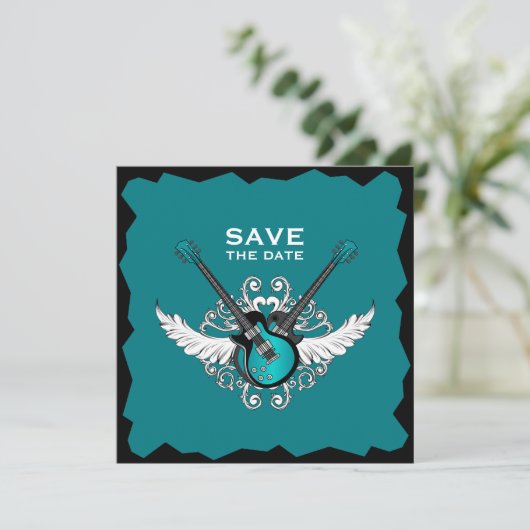 Rock 'n' Roll Wedding Save the Date Black Aquamari Einladung (Stehend Vorderseite)