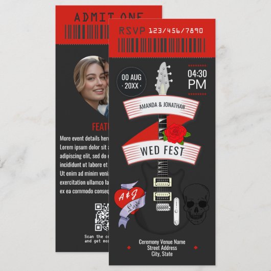 Rock n' Roll Wedding Ticket individuelle Einladung (Vorne/Hinten)