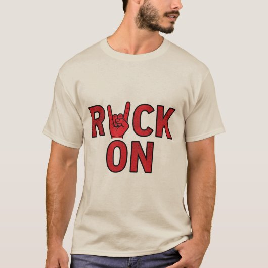 Rock On - Bold Red Typografy Music Design T-Shirt (Vorderseite)